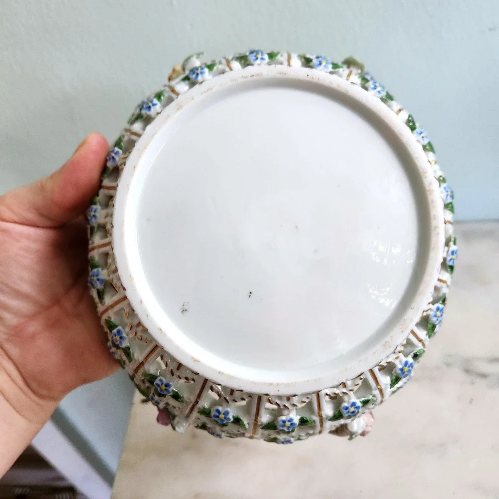Vintage‎ Dresden Floral Porcelain Basket Reticulated Bowl Handles Cottage Decor